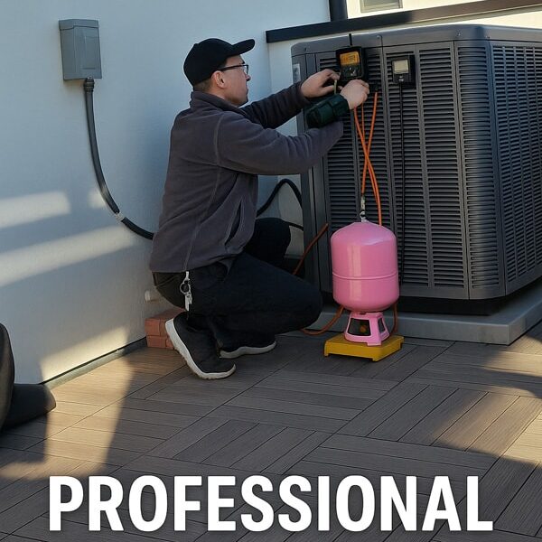 Professional technician diagnosing an AC unit with persistent loud noises.