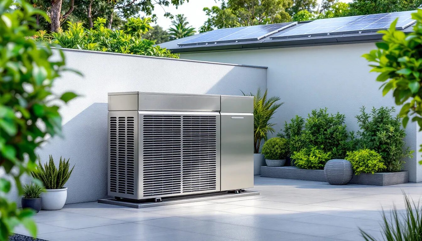 A clean outdoor air conditioning unit surrounded by a well-maintained environment.