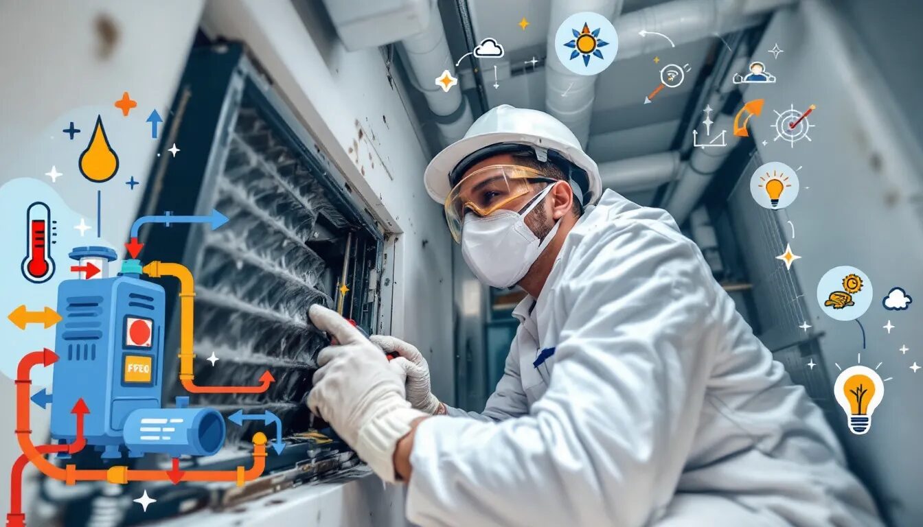 A technician performing maintenance on an HVAC system, demonstrating how to save money on HVAC repairs.