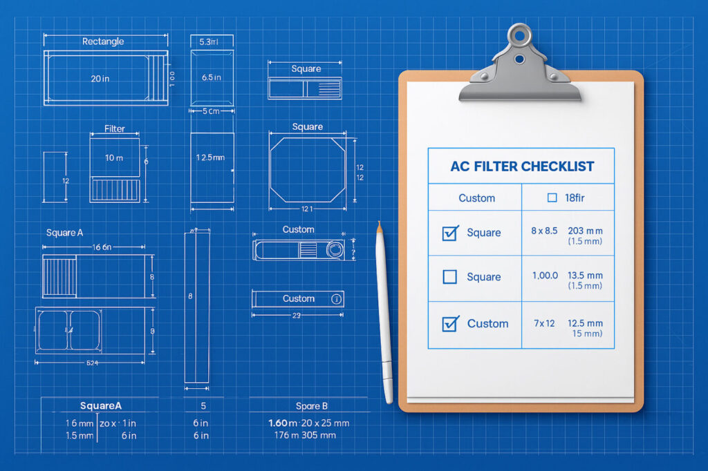 Blueprint-style diagram of AC filter shapes including rectangular and square designs, with a checklist showing custom filter sizes and measurements in millimeters
