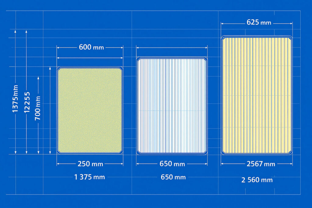 Blueprint-style diagram showing three HVAC air filters with technical dimensions