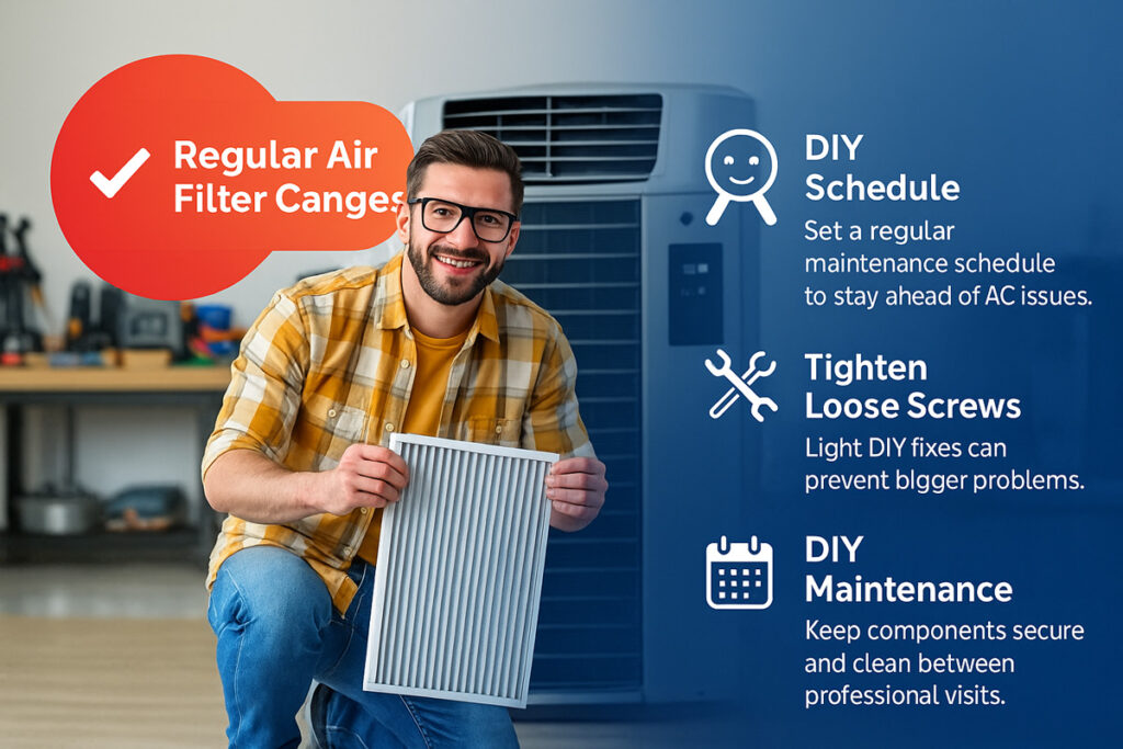 Man changing air filter next to an AC unit with tips for DIY AC maintenance including scheduling, tightening screws, and filter changes.