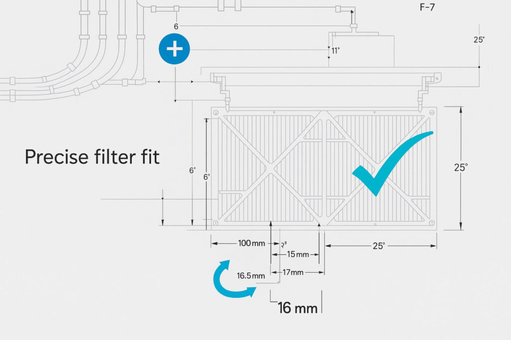 HVAC diagram showing proper air filter dimensions and fit within ductwork, with labels for width, height, and spacing