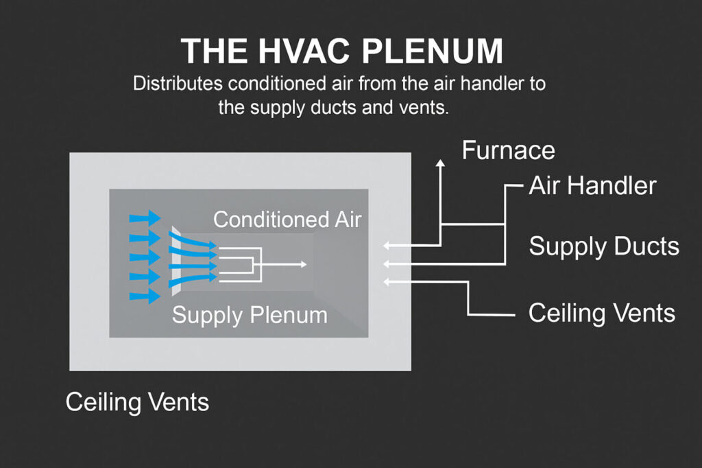 Labeled HVAC airflow diagram showing the furnace, air handler, plenum, supply ducts, and ceiling vents used to distribute conditioned air throughout a home.