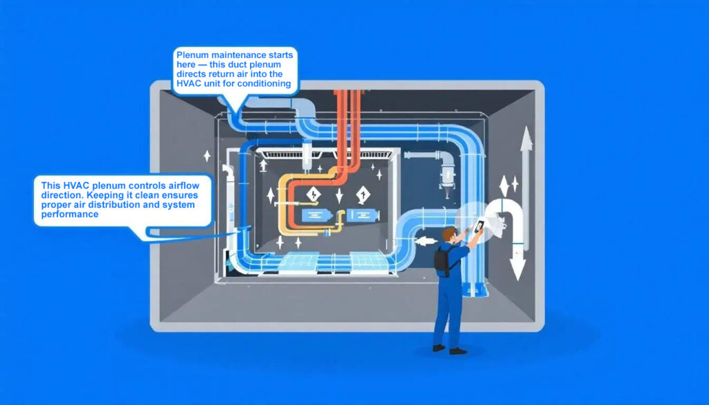 Illustration of plenum maintenance, showing HVAC airflow from return ducts into the unit and through the plenum.
