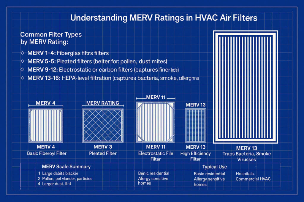 Diagram showing different HVAC filters by MERV rating, including fiberglass, pleated, electrostatic, and high-efficiency filters, with filtration level descriptions.
