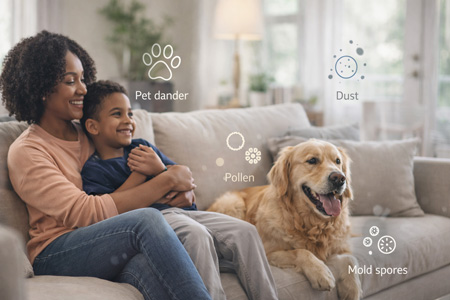 Family relaxing at home with a pet while the HVAC system runs
