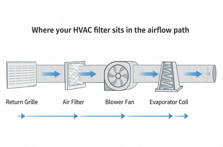 Diagram showing HVAC airflow path and where the air filter sits in the system