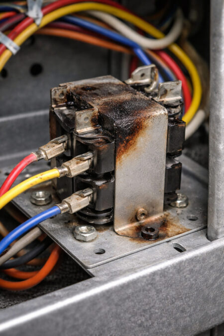 Damaged HVAC heat sequencer inside an electric furnace