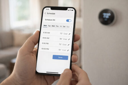 Homeowner setting a thermostat schedule on a smartphone app