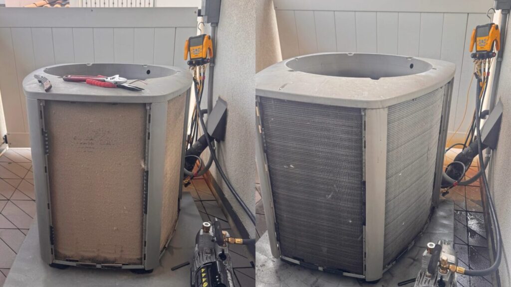 Dirty residential AC condenser coil restricting airflow in Texas