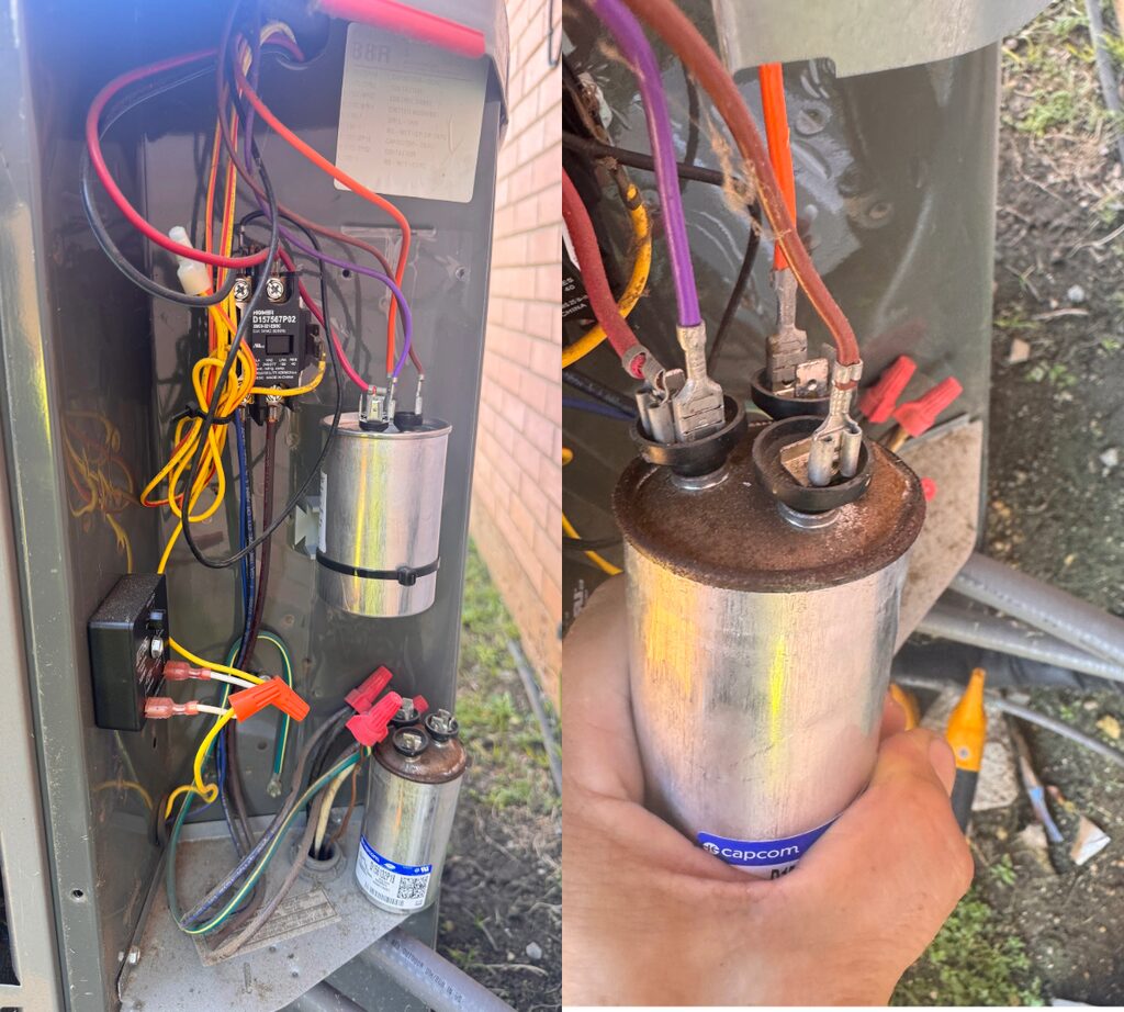 Good AC capacitor compared with swollen failed air conditioner capacitor